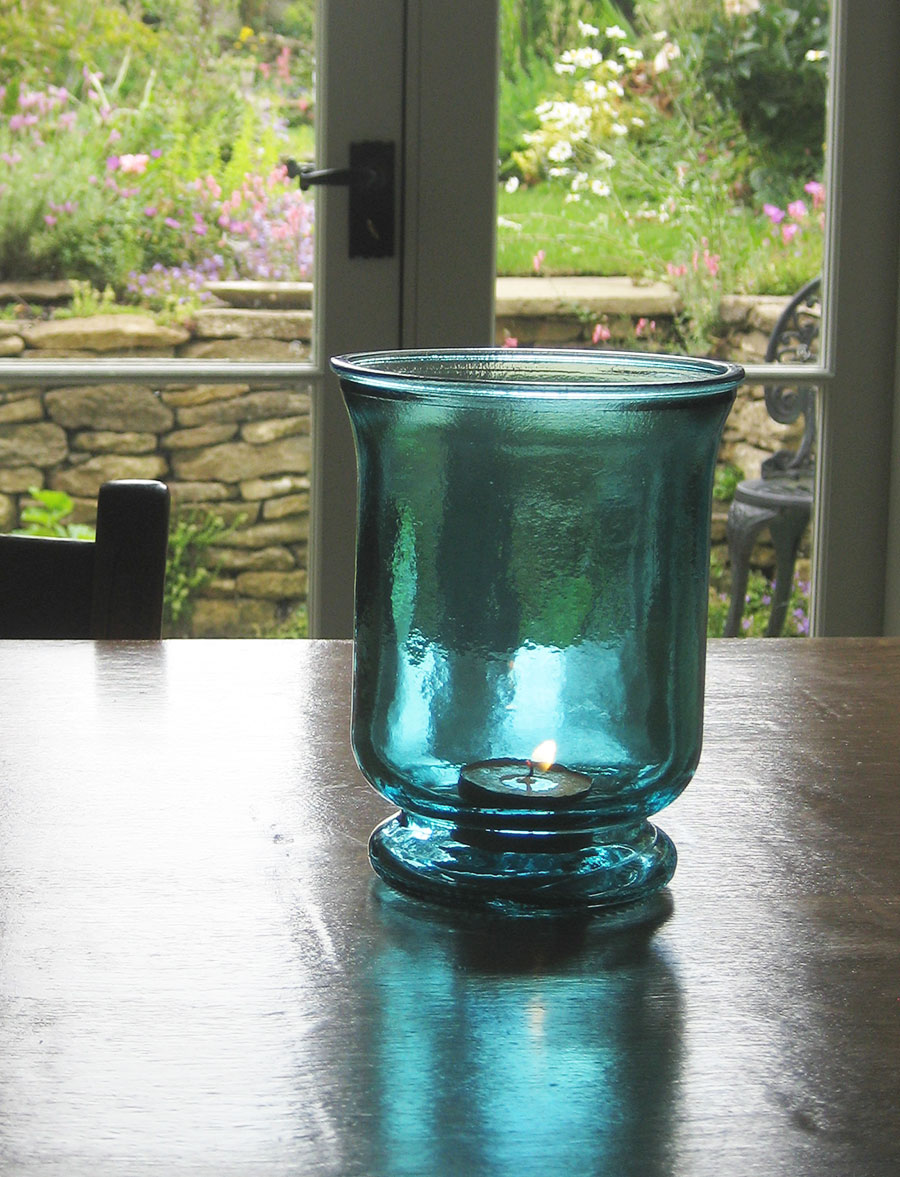 Recycled Coloured Glass Hurricane Lamp, Blue Glass Hurricane Lamp